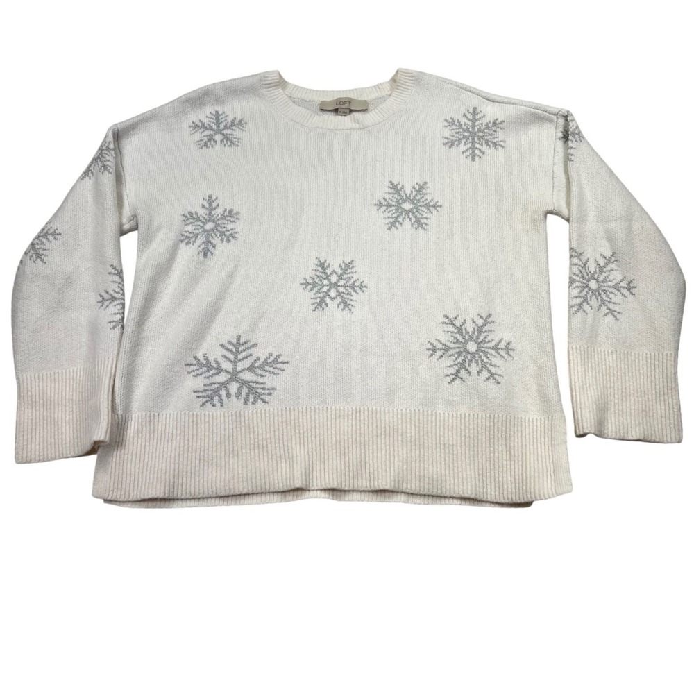 Loft Snowflake Sweater Women M Ivory Silver Metallic Knit Pullover Drop Shoulder